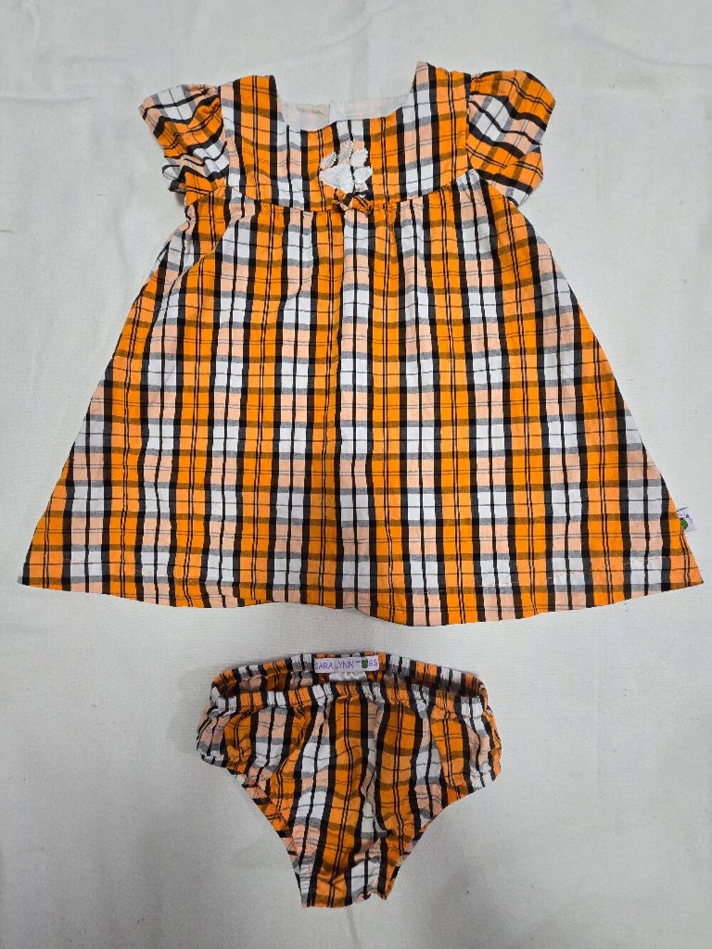 2 Piece Clemson 2T Toddler Dress/Bloomers Orange/Navy Plaid Embroidered  EUC.